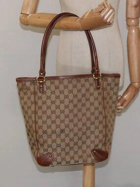 GUCCI GG Canvas Tote Bag Beige Gold 161128 Auth IN046